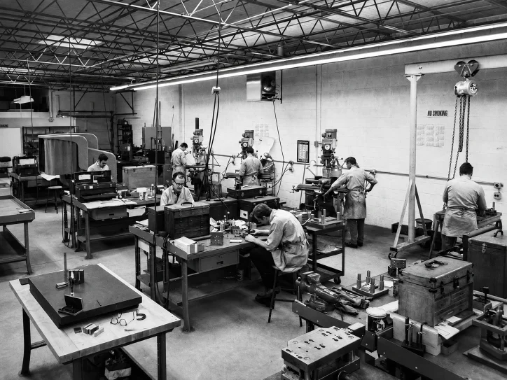 Historic American tool and die shop with skilled toolmakers at work